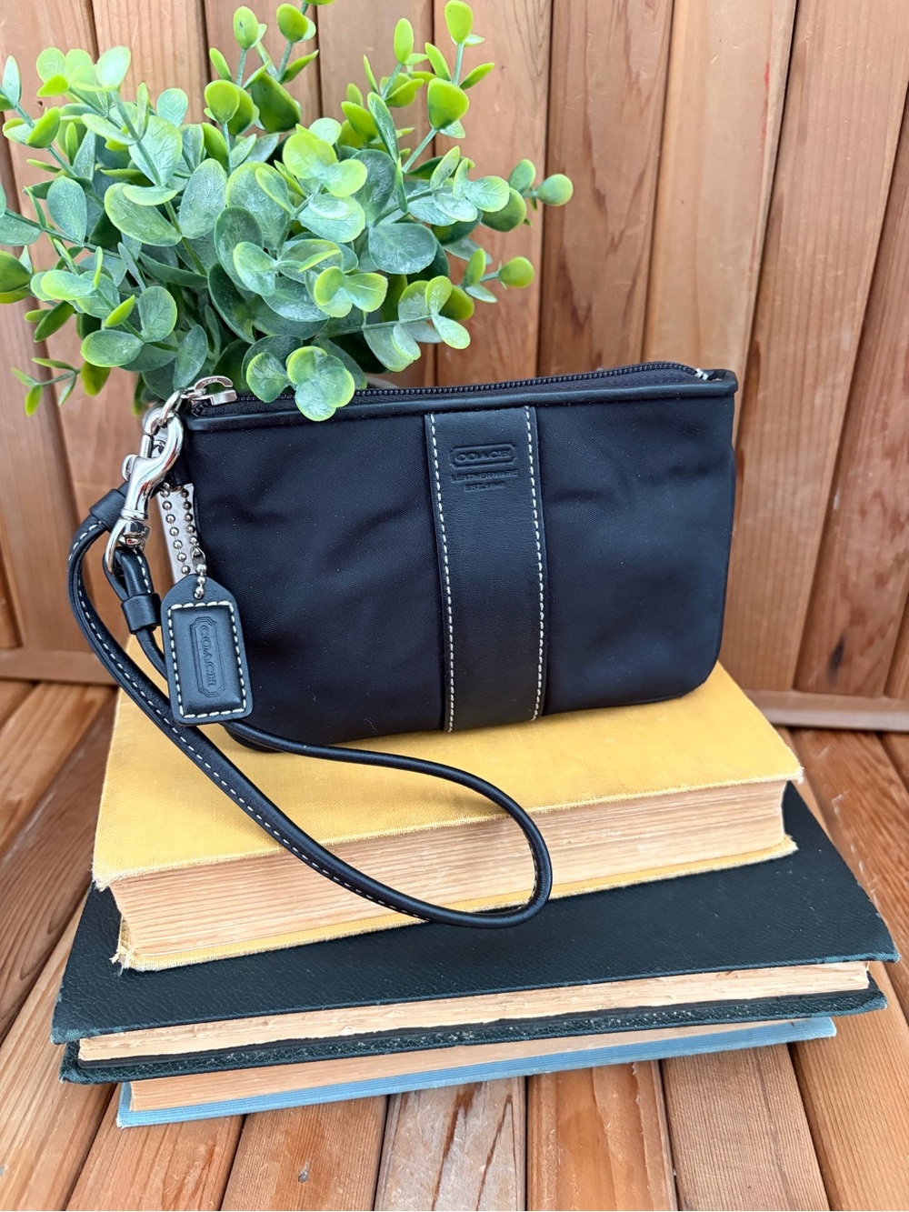 Coach Black Signature Nylon Wristlet Zippered, Leather Trim + Original Tag